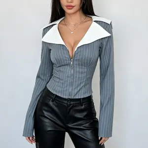 Women Striped Zip Up Blouse Sexy Deep V Office Siren Shirt Y2K Vintage Fitted Crop Top,chic Y2K aesthetic