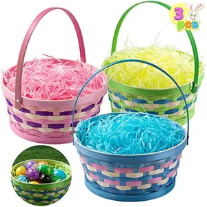 3 Pcs Easter Bamboo Baskets with Tricolor Grass Paper Shred for Kids, Easter Eggs Hunting Bucket Wicker Woven Candy Toys Storage Baskets with Handle for Picnic, Party Favors Decor(11.1"X9.7")