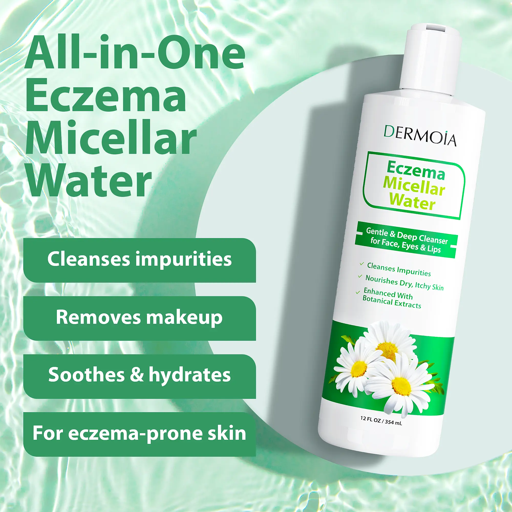 DERMOIA Eczema Micellar Water – Gently Cleanses, Hydrates & Soothes with Colloidal Oatmeal & Cucumber – Removes Dirt & Makeup Without Irritation – Safe for Eczema-Prone Skin – 12oz
