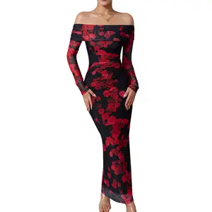 OYS Women's Fall Off Shoulder Long Sleeve Floral Maxi Dresses Formal Bodycon Cocktail Wedding Guest Dress