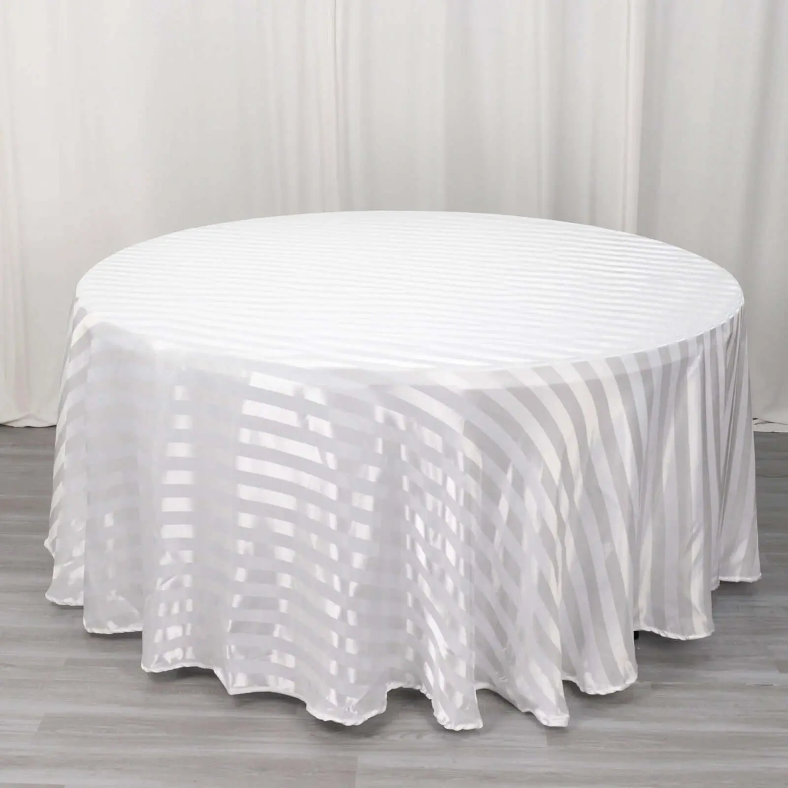 1-Piece Satin Stripe Round Tablecloth, 120" White, Seamless Silky Smooth Finish, Machine Washable, Protective Cover for Tabletops, for Wedding & Events Decor, One-Piece