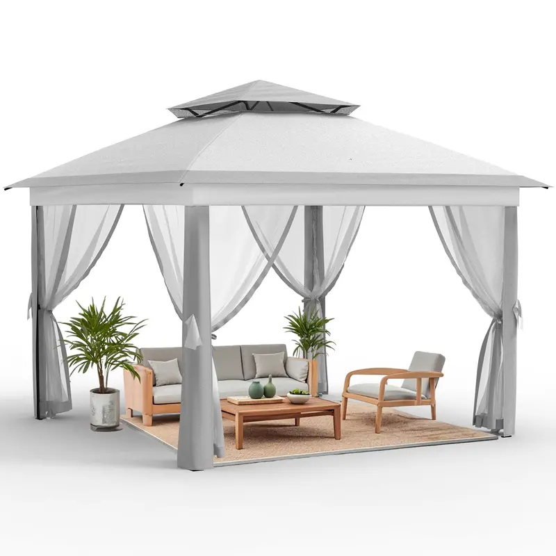 GAOMON 11x11 FT Outdoor Gazebo, Heavy Duty Pavilion With Sturdy Metal Frame & Double Roofs, Patio Shelter With Mosquito Netting,Grey