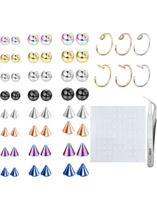 Fake Eyebrow Ring Fake Lip Labret Studs Replacement Balls Spike with 100Pcs Sticker Non-Piercing Nose Rings Set Hoop Body Jewelry Accessory Fake Skin Piercing 3MM 4MM 5MM(Rainbow)