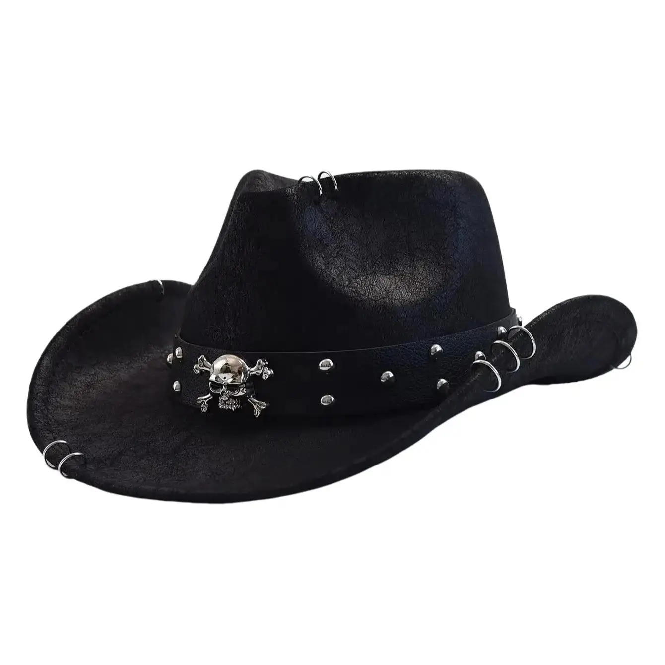Vintage Skull Stud Western Cowboy Hat – Black Faux Leather Cap with Rings & Studs | Halloween & Christmas Festival Fashion