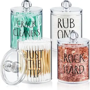 4 Pack Qtip Holder Dispenser with Lids and Labels - 10 oz Acrylic Apothecary Jars Plastic Bathroom Vanity Canister Organizer for Cotton Balls, Pads, Swabs, Floss (Clear)