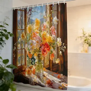 Vintage Oil Painting Style Floral Bath Curtain, European Countryside Artistic Bathroom Decor, Soft Polyester Shower Curtain for Home Hotel