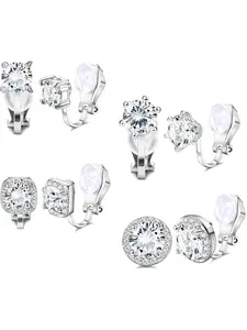 Cubic Zirconia Clip on Earrings - Women Hypoallergenic Comfortable Non Pierced Stud Earrings for Wedding and Dance Competitions, Clip-on Earrings Silver