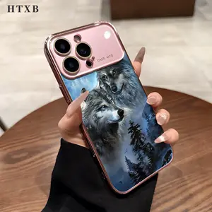 Two Wolves in the Forest pattern electroplated protective case, with a large viewing window design, suitable for iPhone 17-13 Pro Max/Pro/Plus series. It's perfect as a gift for friends and family on Halloween, Christmas, and Thanksgiving