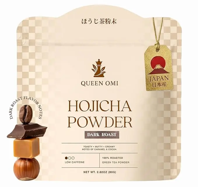Queen Omi Organic Hojicha Powder - 100% Japanese Roasted Green Tea | Organic Low Caffeine Coffee Alternative Antioxidant-Rich Smooth Nutty Flavor 80g Matcha Latte Caramel
