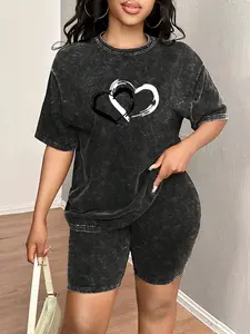 Spring & Summer Plus Size Sports Two-Piece Set with Cartoon Print, Tie-Dye Washed Vintage Short Sleeve T-Shirt and Shorts, Plus Size Women's Jogging Outfit