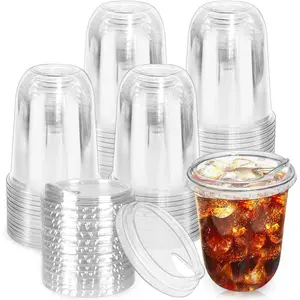 50 Pack Clear Plastic Cups with Strawless Sip ,16 oz Iced Coffee Cup,Disposable PET  Round Bottom To Go Cup for Cold Beverage,Juice,Smoothie,Milkshake,Wedding,Party