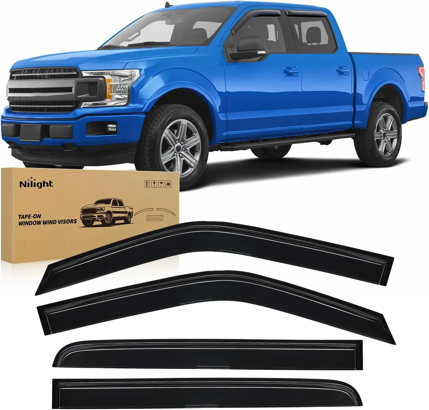 Nilight Tape-On Automotive Visor Deflectors - 4-Piece Modified Acrylic Truck Accessories, Rain Guards, Heat-Bond Mount Wind Guards for Ford F150 Crew Cab (2015-2024, Excludes Lariat/Raptor) with Mirror Fog Prevention