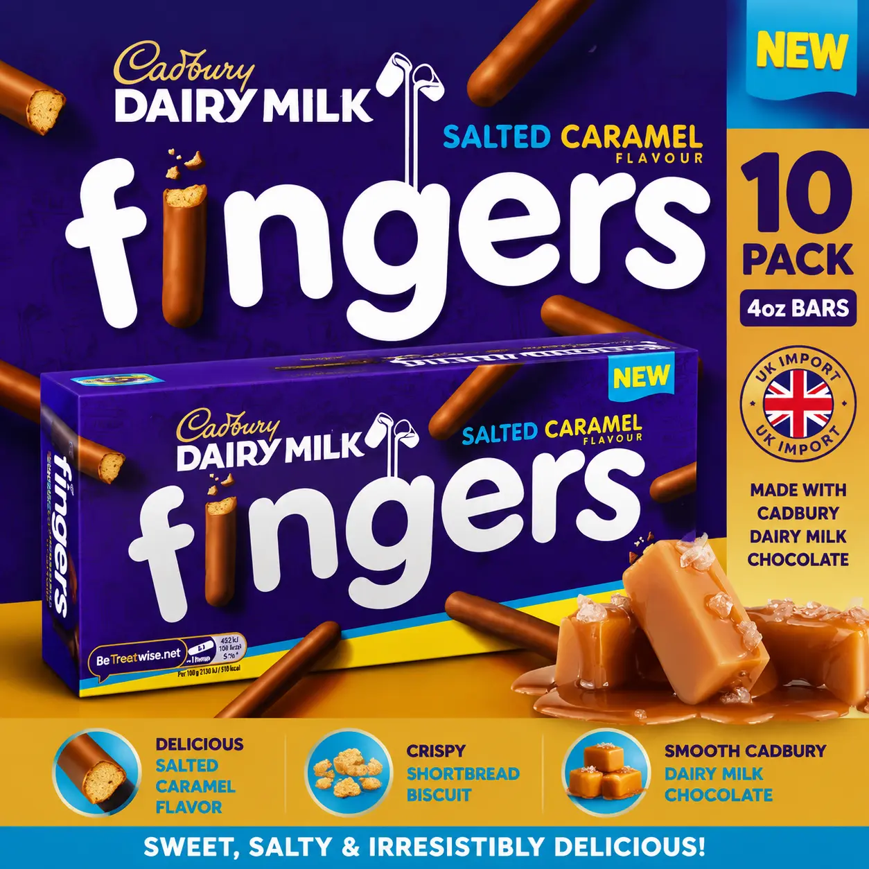 Cadbury UK Import Salted Caramel Shortbread Fingers 4 oz 10 Pack  Crispy Shortbread Cookies with Salted Caramel Chocolate | Premium British Snack
