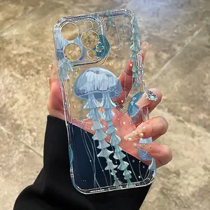 Deep Sea Jellyfish Pattern Soft Phone Case for iPhone17 16 15 14 Pro Max 16E 13 12 11 XR XS Plus Non-Yellowing Drop Protection Transparent Silicone Cover