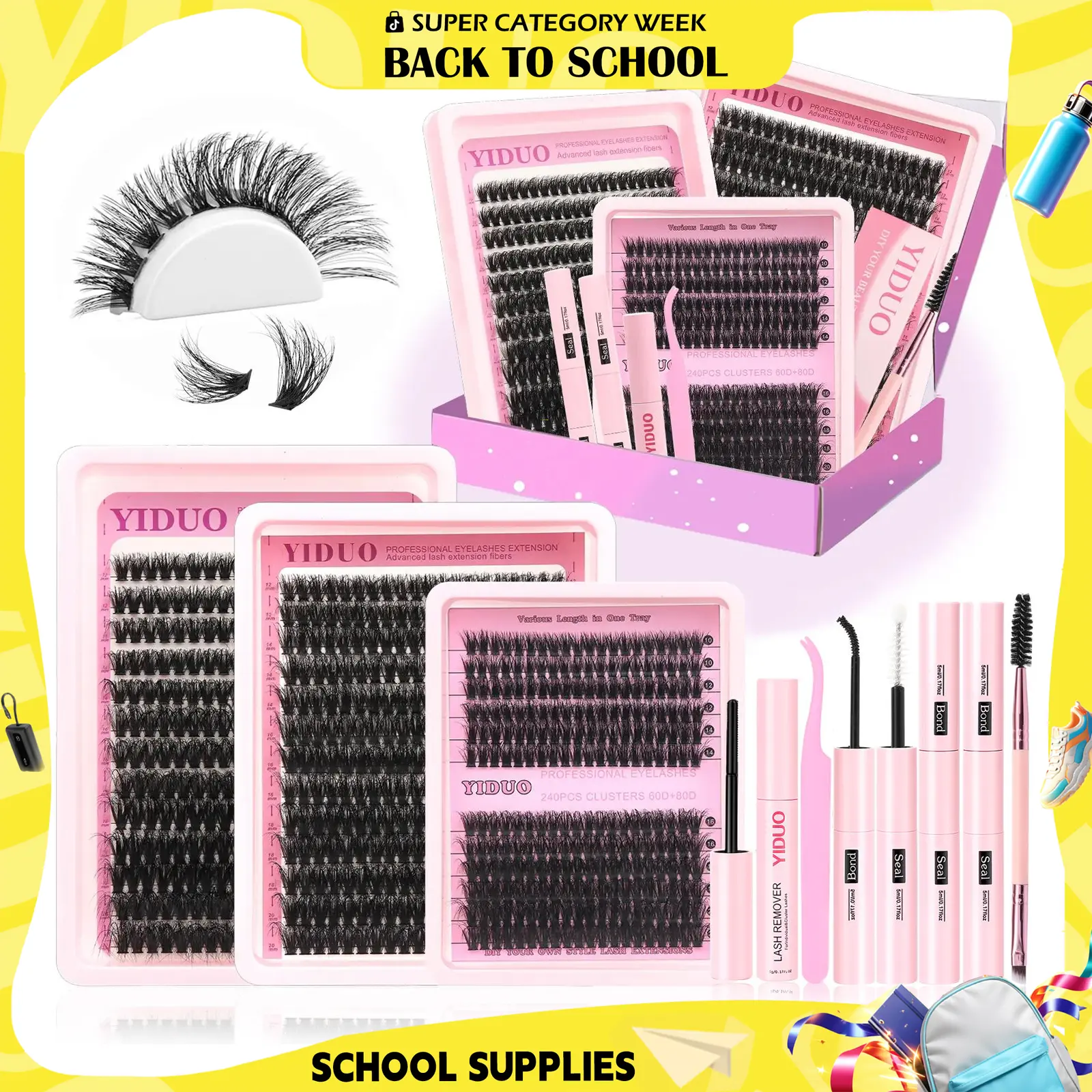 YIDUO Eyelash Extension Kit with 2X Bond&Seal 10-20mm 60D+80D+100D Volume 3D Lash Clusters Kit 3 Styles 760Pcs Wispy Natural Soft DIY Individual Lash Clusters Kit Box for Beginners BackToSchool