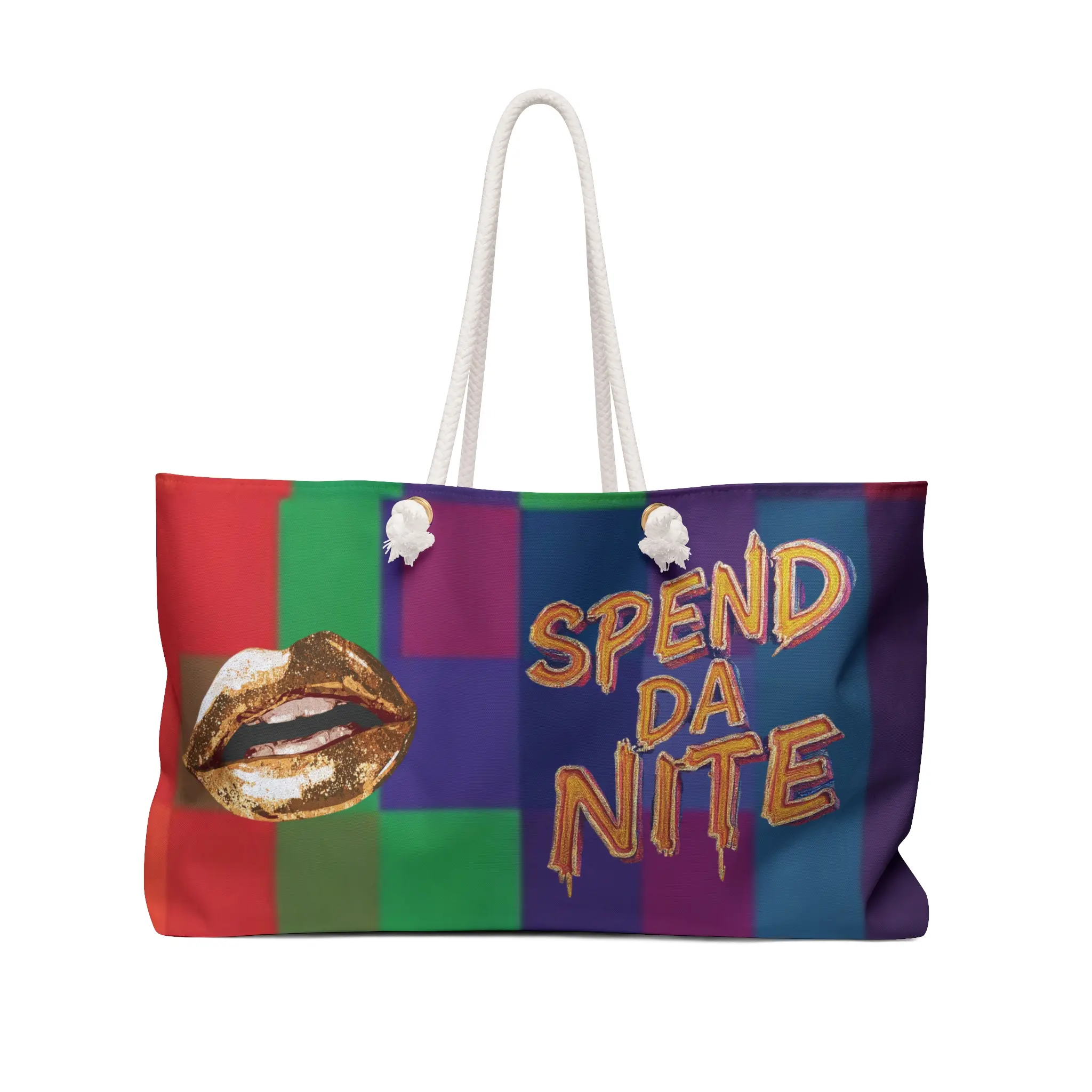 SpendDaNite™ Colorblock Weekender Bag – Bold Lip Graphic Travel Tote