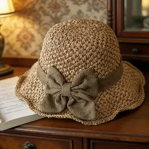 French Style Ruffled Bow Straw Sun Hat, Foldable Vintage Woven Hat, Breathable Comfortable For Outdoor Beach Trips