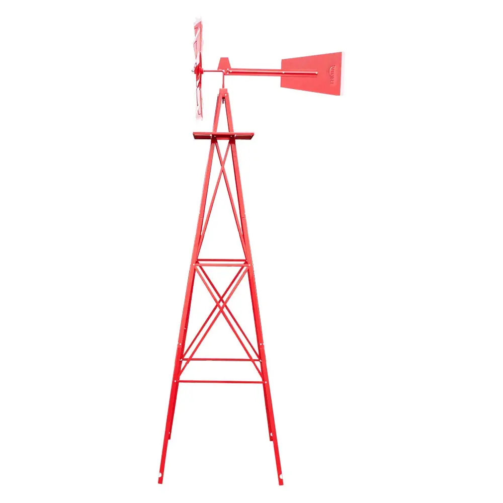 8ft (96-Inch) Tall Ornamental Steel Windmill for Lawn and Garden Decor, Heavy-Duty Weather-Resistant Design with a 22-Inch Wheel and Quiet Ball Bearings, Red, Lawn Garden