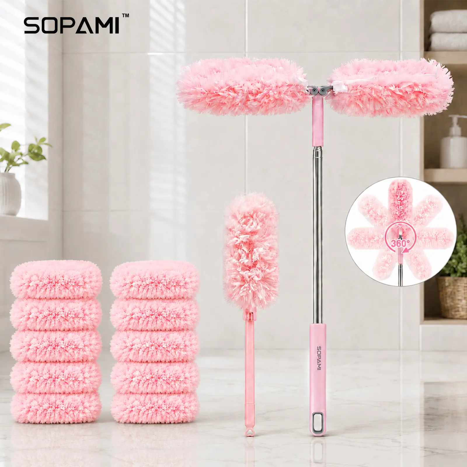 SOPAMI High Reach Extendable Microfiber Cleaning Duster, 360 Flexible Bendable Head, Disposable Refills, Household Tool for Ceiling Fan, Air Vents, Window Blinds