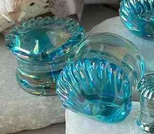 PAIR of Stunning Aurora Borealis Seashell Glass Double Flare Tunnels/Plugs - Gauges 2g (6mm) thru 5/8" (16mm)
