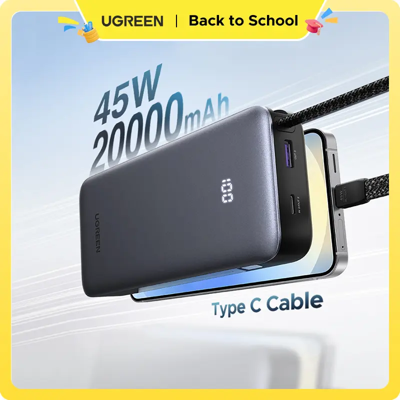 UGREEN Nexode 20000mAh 45W Power Bank with Built-in Cable, 3-Port Fast Charging Mobile External Battery Pack for iPhone 17 Pro/Samsung S25 Ultra/iPad Pro, Digital Display, Travel Ready EDC Gear (Tech Deals,Travel Stuff,Everyday Carrytiktokshopbacktoschool