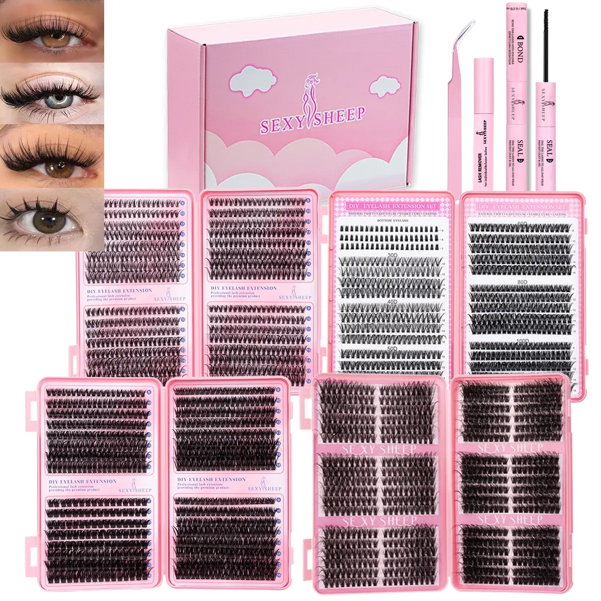 Gift Box Mixed Eyelash Extensions, Fluffy Dense Natural 5-18mm, DIY Lashes with Bond&Seal&Remove&Eyelash Tweezers Large Capacity Set, DIY False Eyelashes Eyelash Extensions Kit, Cosmetic Lash Extensions, Eyelash Extension Supplies