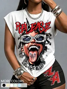 Women's Hip Hop Portrait Print Sleeveless T-Shirt, Retro Y2K Street Style, Summer Casual Top, Perfect for Parties and Daily Wear