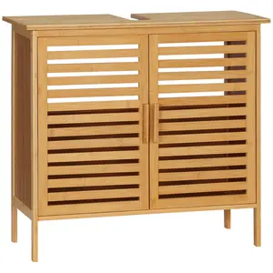 Bamboo Under Sink Cabinet – U-Shaped Design Fits Under Sink. Slatted Doors Keep Items Ventilated & Odor-Free. Spacious Interior for Towels & Supplies. Earth-Friendly Natural Bamboo. Holds 22 lbs. Natural