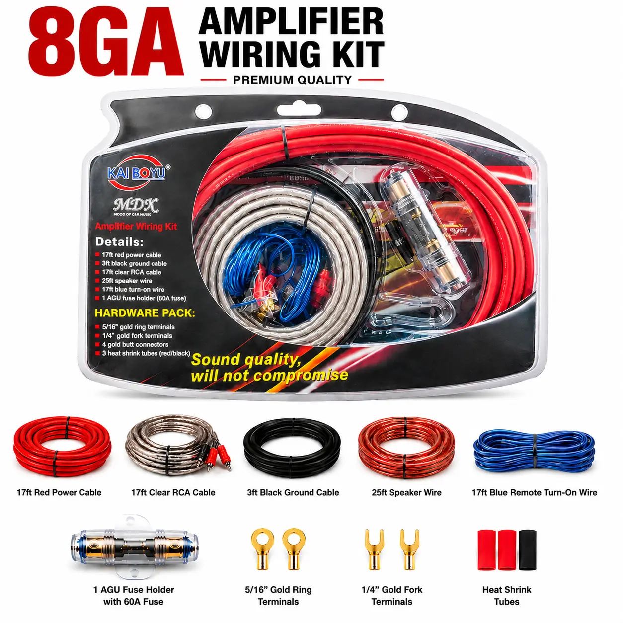 2026 8GA Wired Car Audio Amplifier Wiring Harness Kit - Built-in Ground Cable, Reinforced RCA Connectors, Fused Power Supply, Speaker Cables+Terminals, Heat-Resistant, Interference-Immune, 8ga Cables for All Models System Upgrades, Clearer Sound