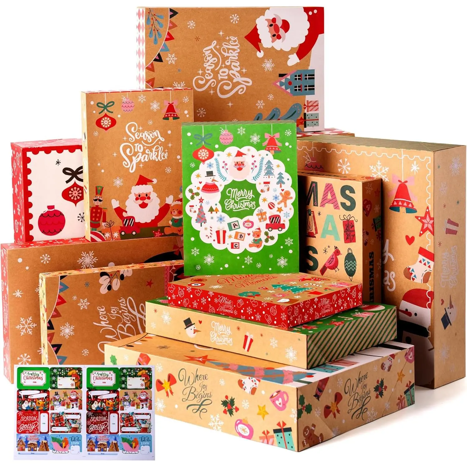 HiLife Home 12 PCS Christmas Shirt Gift Boxes with Lids for Presents, Large Robe Cardboard Boxes, Xmas Classic Decorative Box for Clothes, Birthday Holiday Wedding Gift Wrapping Decor, Hat, Sweater and Coat