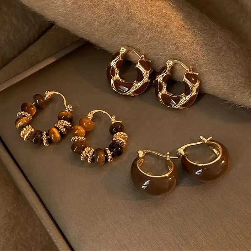 Women Korean Brown U-Shaped Hoop Earrings Vintage Simple Tortoiseshell Color Dripping Oil Tiny Ear Studs Daily Exquisite Jewelry