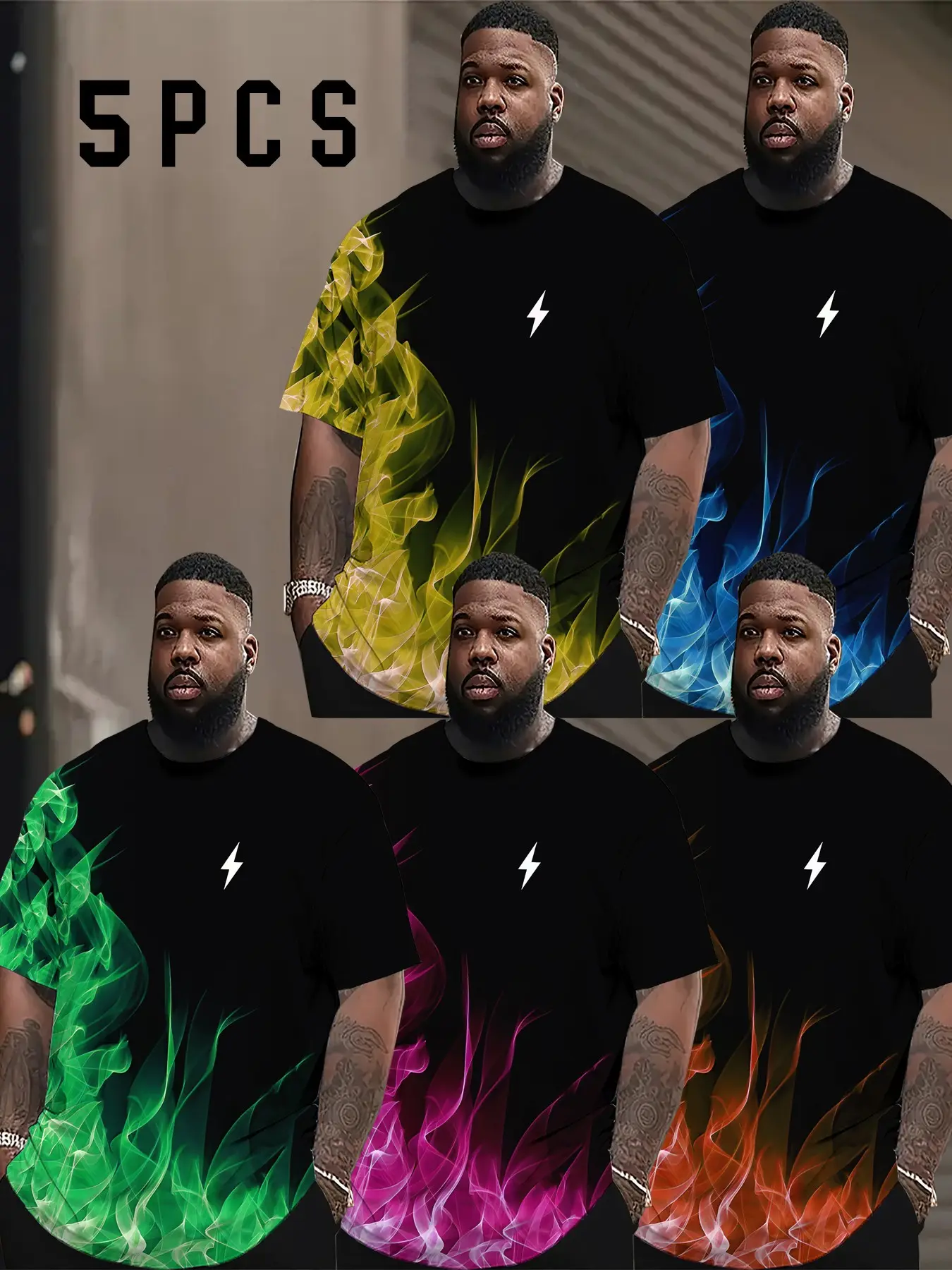 5-Pack Plus Size Men's Round Neck T-Shirts, Gradient Flame Design, Summer Loose Fit Casual Tees, Versatile, Comfortable, Breathable and Menswear, Beach Tee
