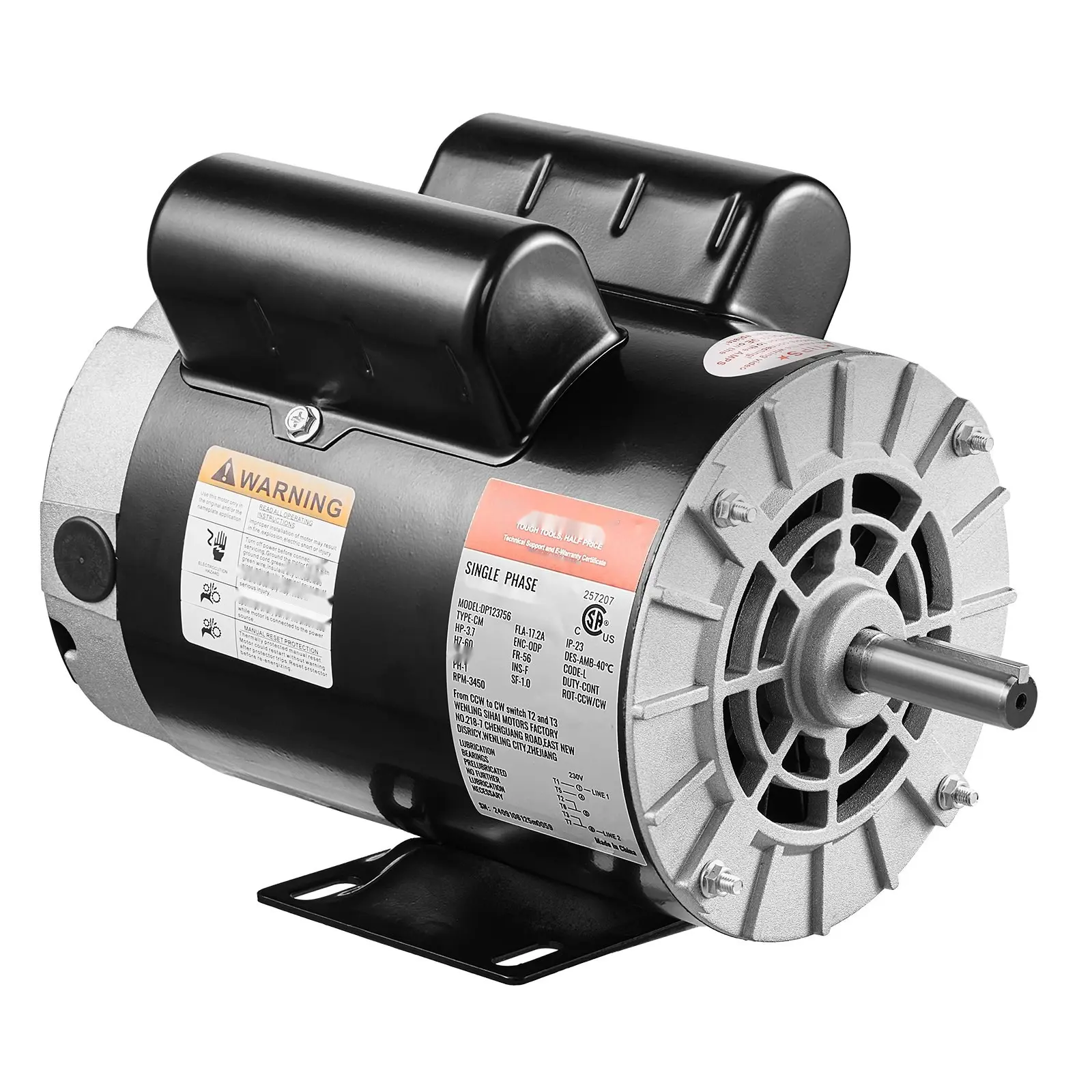 3.7 HP 230V Electric Air Compressor Motor, 17.2 A, 3450 RPM, 56 Frame, CW/CCW Rotation, Single-Phase Industrial Power for Air Compressors, Suitable for Rotary and Piston Compressors, Factory Default CCW Setting