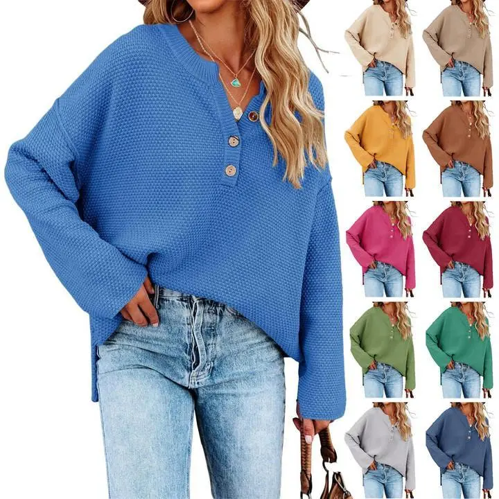 Imily Bela Womens Oversized Sweaters Batwing Long Sleeve Loose V Neck Button Henley Tops Pullover Knit Jumper