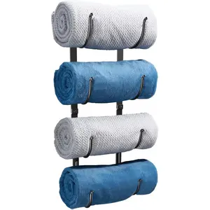 Bathroom Rolled Towel Rack: 4-Tier Wall Mounted Towel Storage Holder, Hanging Organizer for Towels, Blankets, Large Bath Sheets, Space Saving in RV, Closet, Toilet, Cabinet, Black Metal