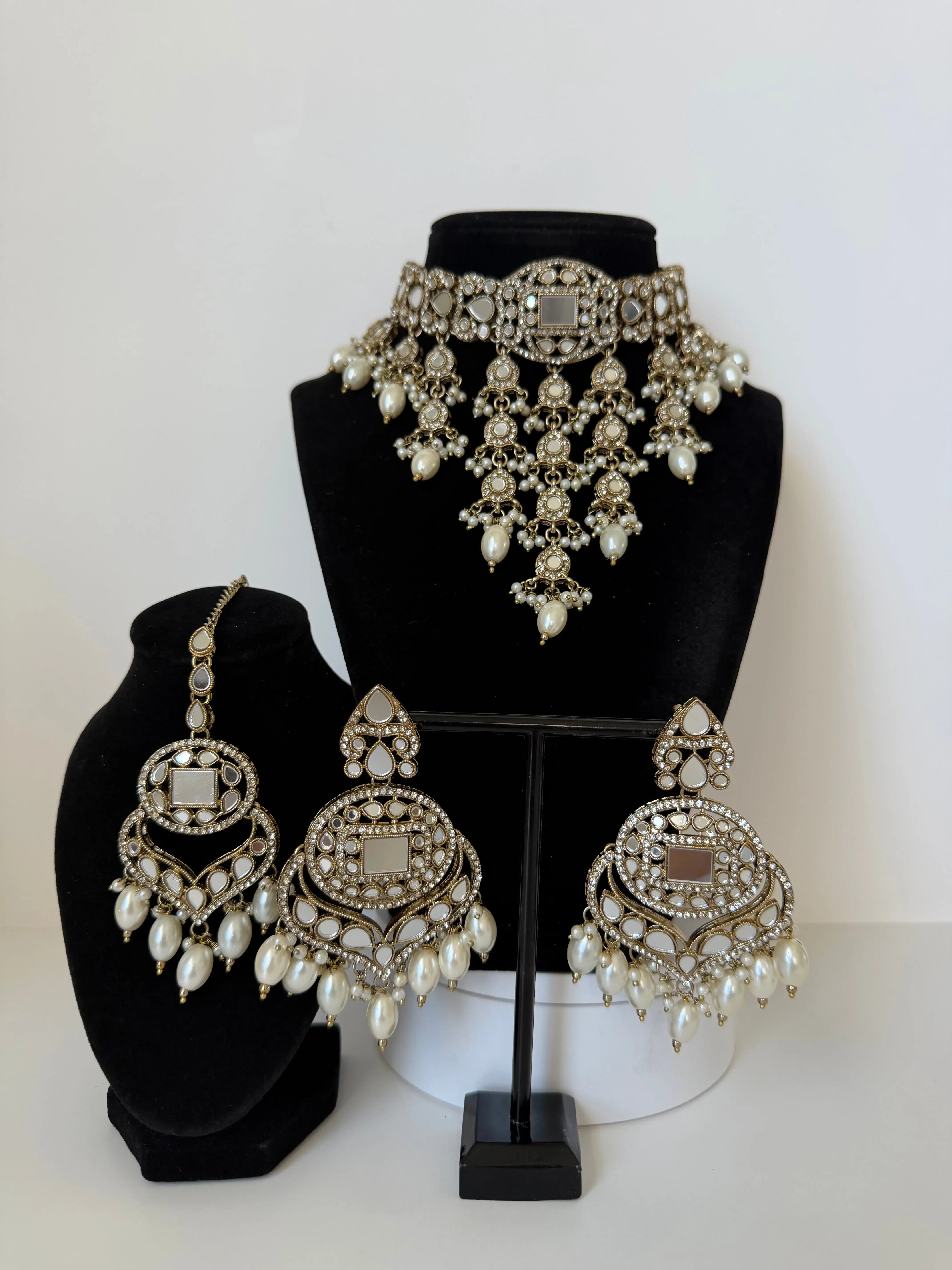 Bollywood Gunjan Mirror work Waterfall Necklace set with Earrings and MangTika