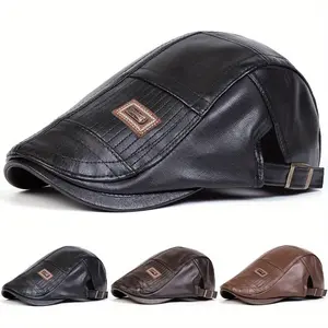 Unisex Pu Leather Beret Outdoor Sport Adjustable Sunscreen Leisure Hat Spring Autumn Travel Tourism Beach Vacation