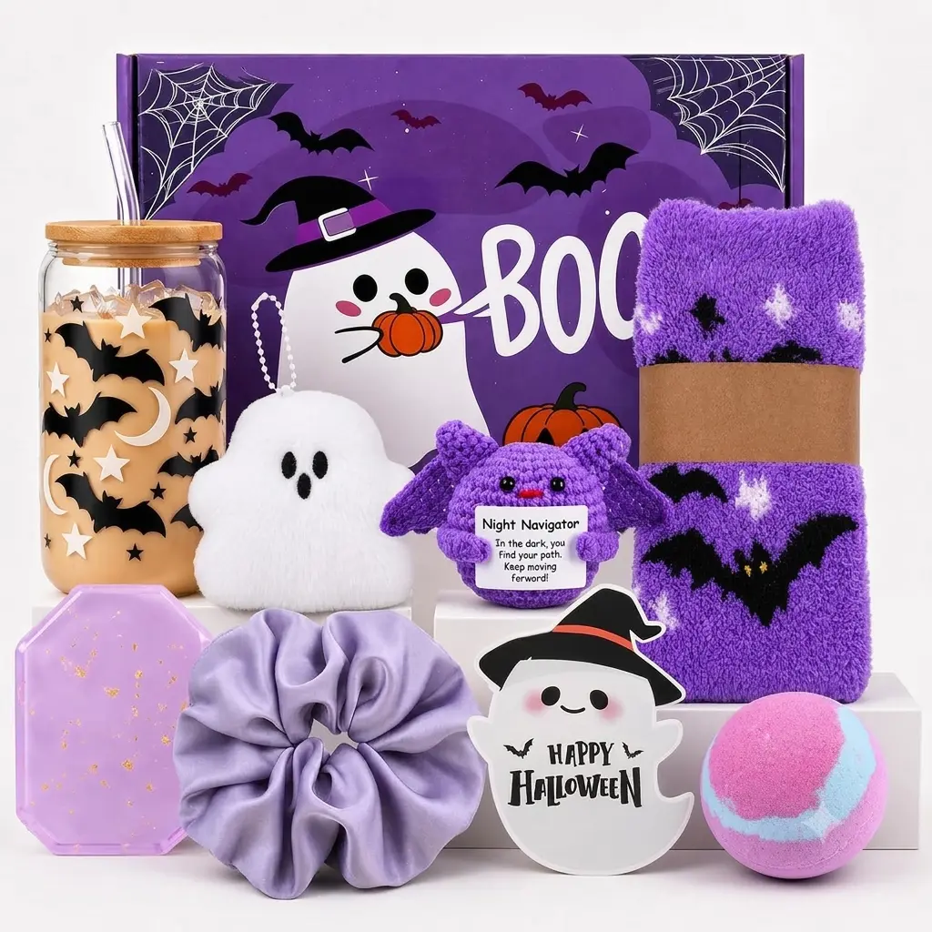 Boo Basket Stuffers for Women, 8-Piece Halloween Gifts for Women, Spooky Boo Basket with Crochet Gift, Glass Cup for Women, Teens, Girls, Sister & Friends