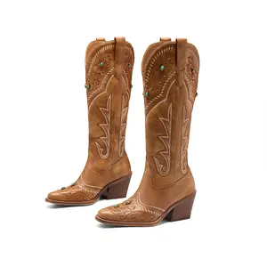 ReneChristine Women's Embroidery Western Cowboy Boots with Studs & Emerald Gemstones, Knee High Wide Calf Cowgirl Boots for Gatherings Weekend Hangouts fur boots knee high boots boots for fall brown boots cowgirl boots Classic wide calf boots SpringStatem