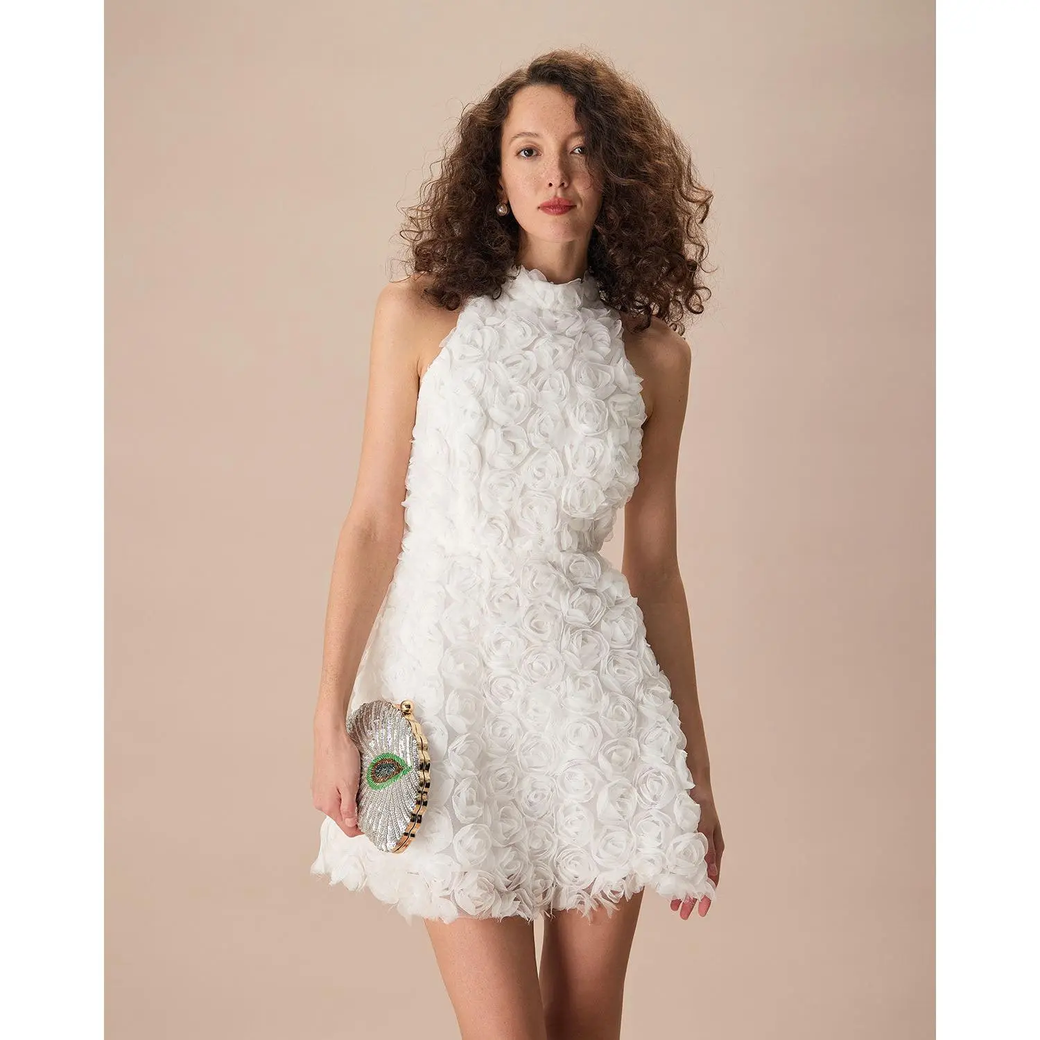 Rihoas Women's Minimalist Mock Neck Sleeveless Soft Polyester Basic Skater Mini Dress Tie Back, Casual Fabric Dress, White, White Dresses Women, Basic Casual Dresses