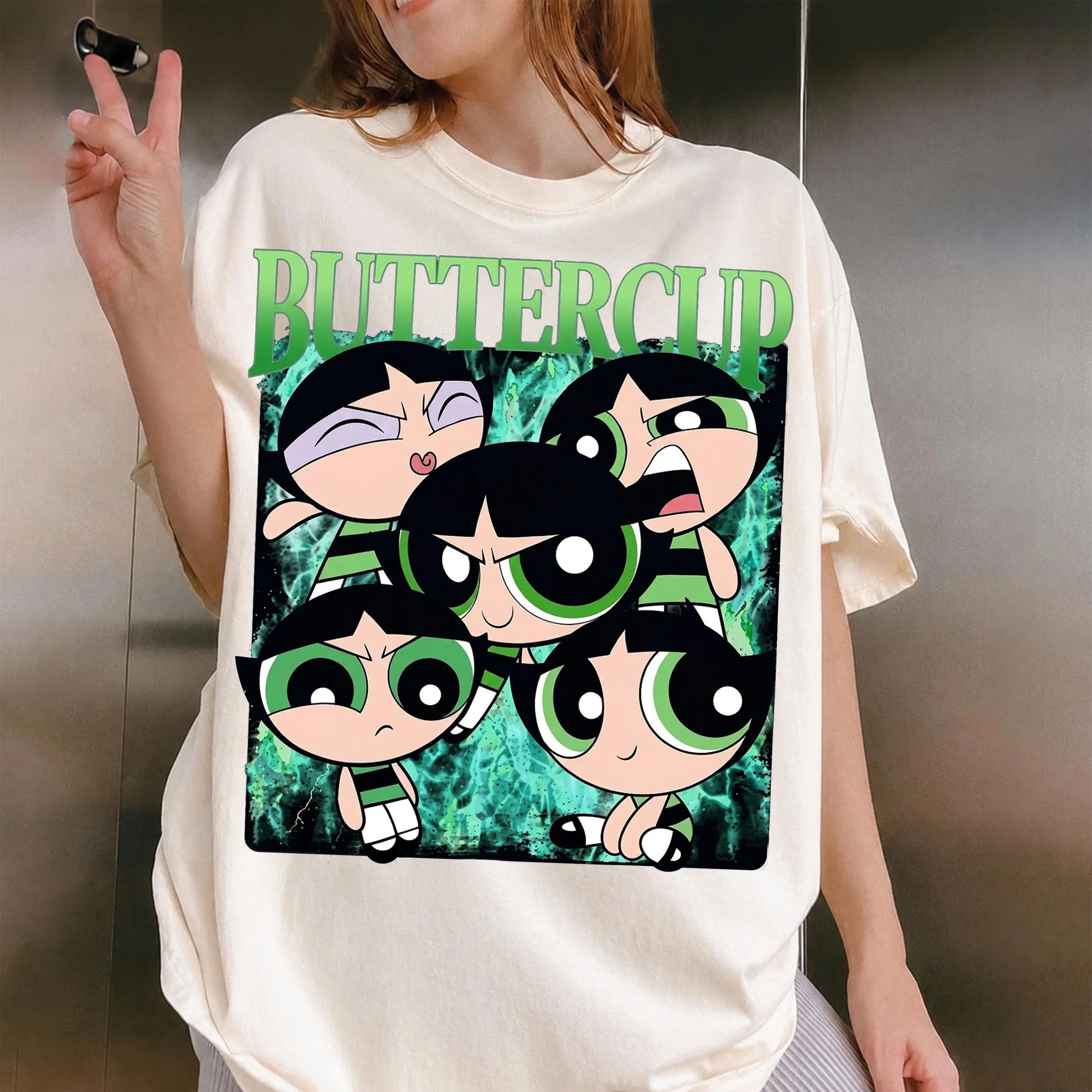 Buttercup Powerpuff Girls Graphic Tee for Women, Vintage 90s Cartoon Bootleg Style Oversized T-Shirt, Y2K Nostalgia Top