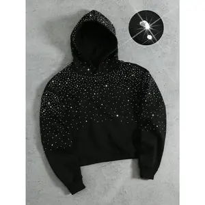 Men’s rhinestone-embellished loose-fit casual pullover hoodie sweatshirt; diamond/star/crystal rhinestones available; cropped hoodie option; great gift for your boyfriend; back-to-school black rhinestone hoodie