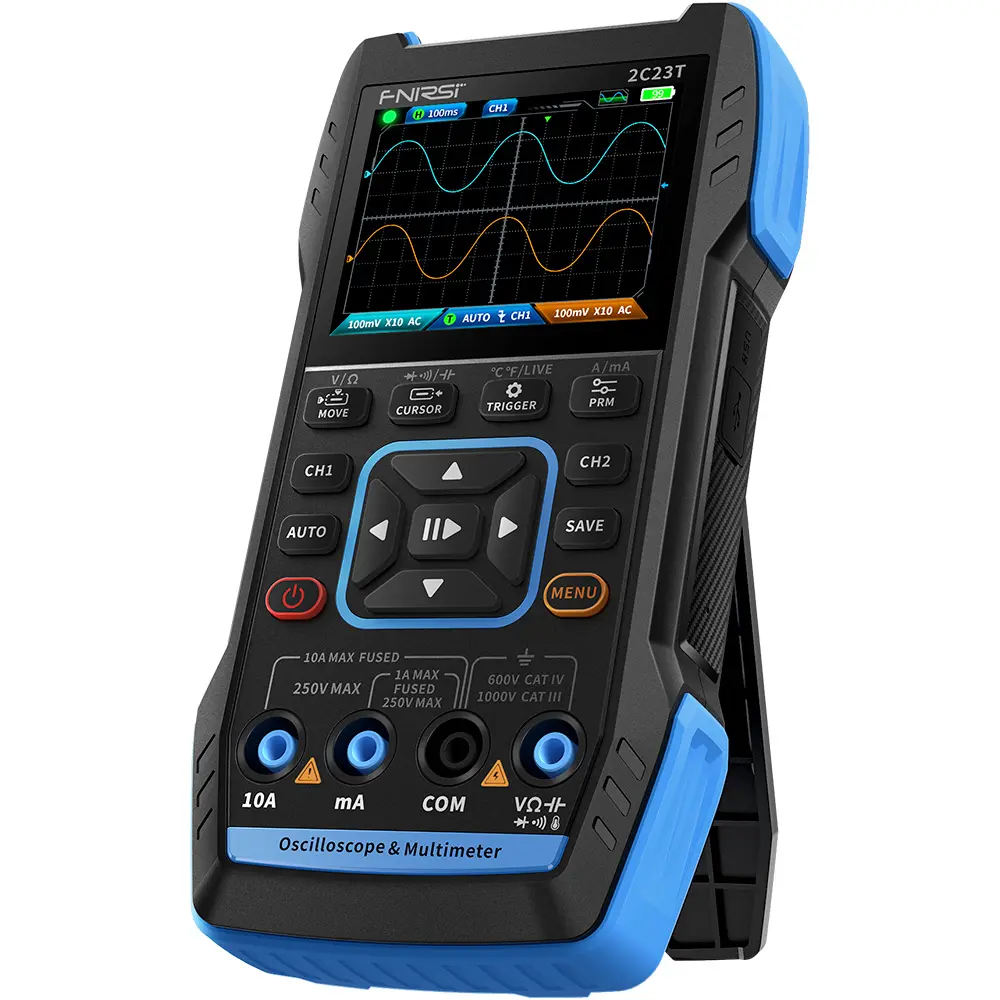 FNIRSI 2C23T 3 In 1 Two Channel Handheld Digital Oscilloscope 50MSa S Sampling Rate 10MHz Bandwidth 10000 Count Measures Voltage Current Capacitance Resistance and Diodes Auto Ranging Voltmeter Automotive Relay Tester