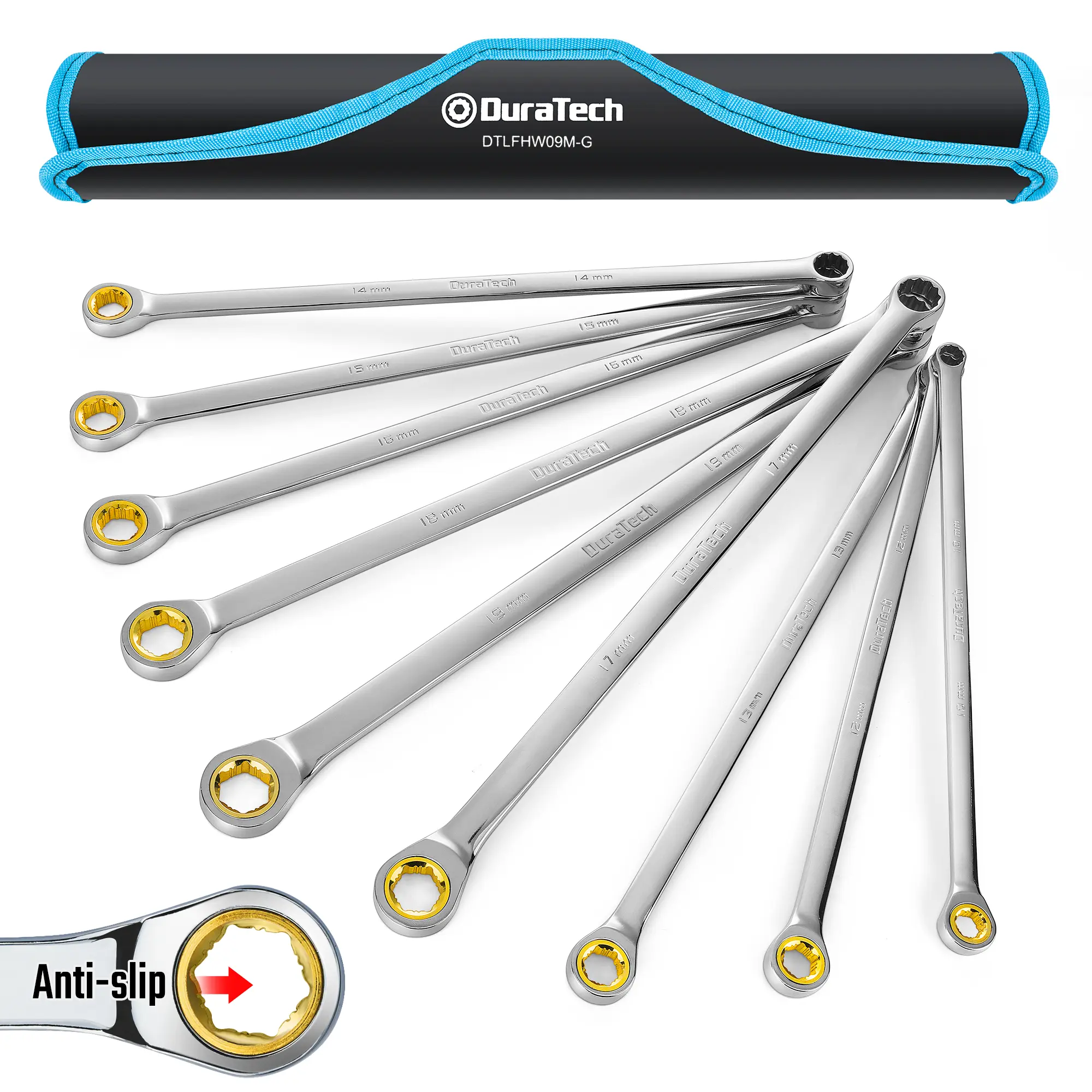 #summersale DURATECH Extra Long Anti-Slip Ratcheting Wrench Set, Double Box End Wrench Set, 9-Count, Metric, 10, 12, 13, 14, 15, 16, 17, 18, 19mm, CR-V Steel, with Rolling Pouch