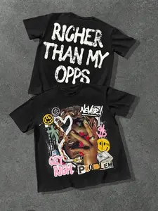 Men's Rich Print Graphic T-Shirt, Vintage Worn Look Hip Hop Slogan Tee, Colorful Money Symbol Street Style Top, Urban Casual Wear