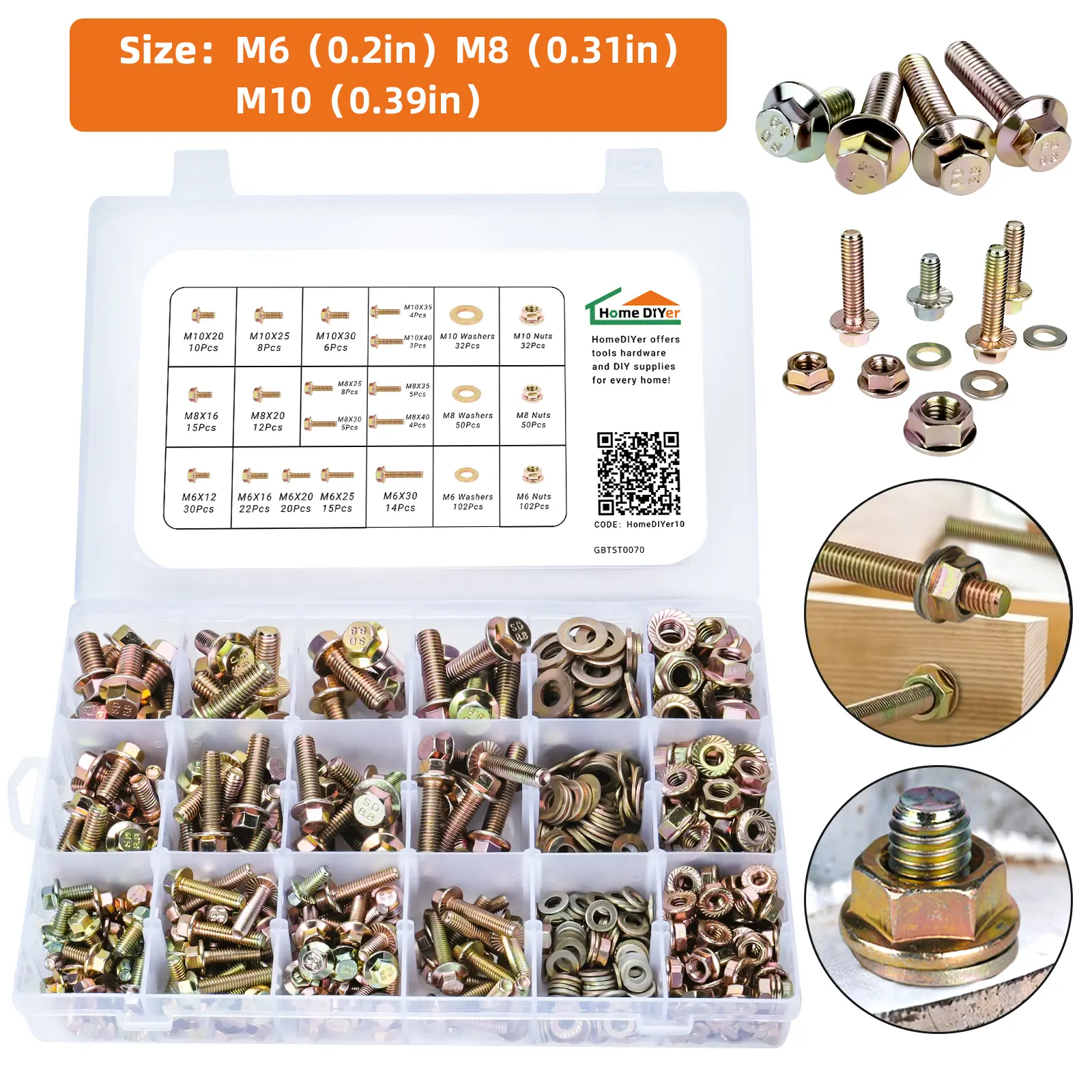 Class 8.8 Alloy Steel,Metric Flange Hex Bolts, Nuts &Washers Assortment Kit, M6 M8 M10 Sizes, 292pcs、549pcs