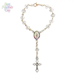 Crystal Rosary Bracelet & Car Rearview Mirror Charm, Handmade Our Lady Medal with Multicolor Rhinestones & Enamel, Cross Pendant Auto Ornament