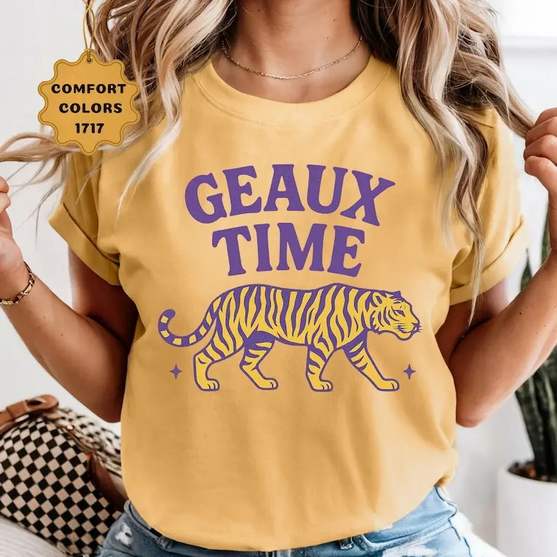 Comfort Colors® Louisiana Geaux Time Shirt: Purple & Gold Tiger, LSU Game Day Tee
