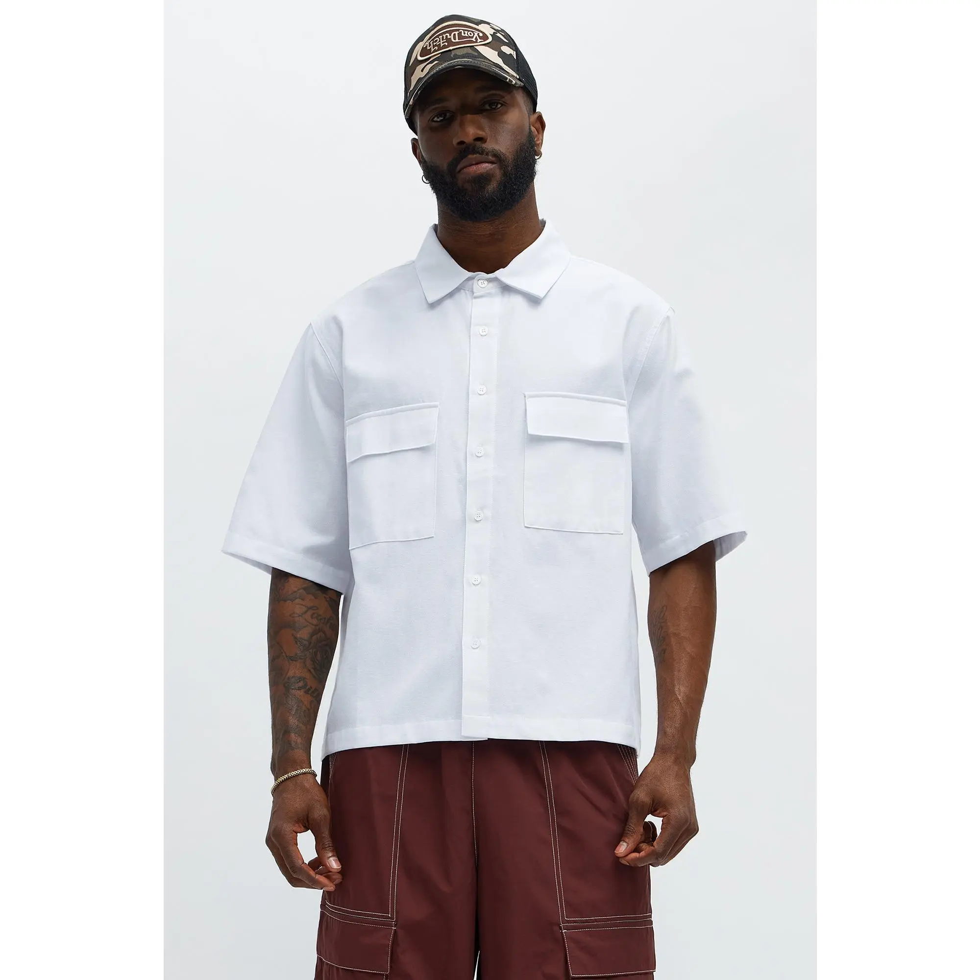 Cropped Double Pocket Button Up Shirt  - White