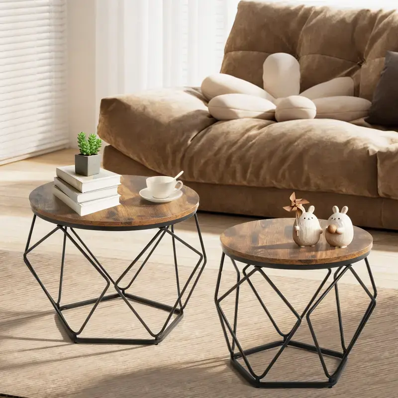 Sweetcrispy Small Coffee Table Set of 2, Round Side Table with Steel Frame, Nesting End Tables for Living Room, Bedroom & Office, Rustic Brown and Ink Black Finish